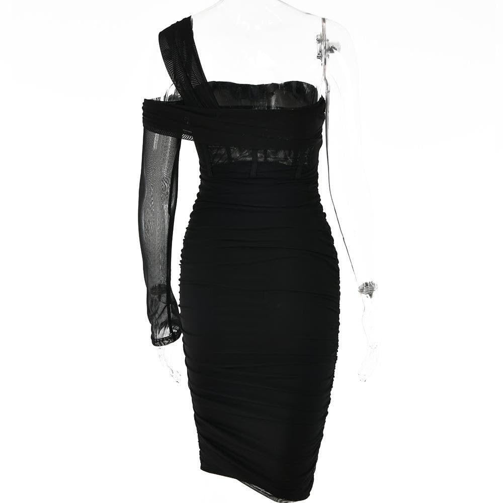 One Shoulder Single Sleeve Ruched Sheer Mesh Corset Bodycon Midi Dress 9