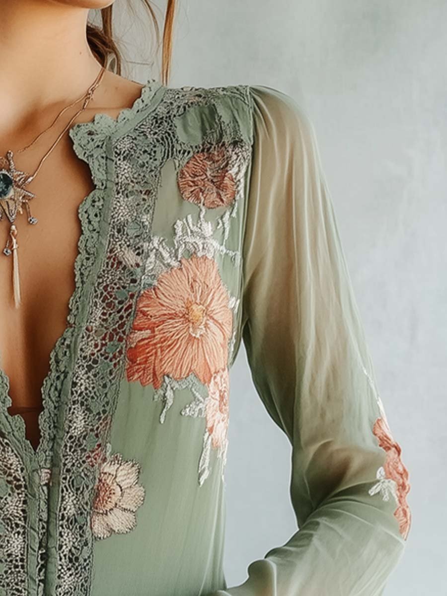 Floral Lace Trim V-Neck Long Sleeve Blouse 8