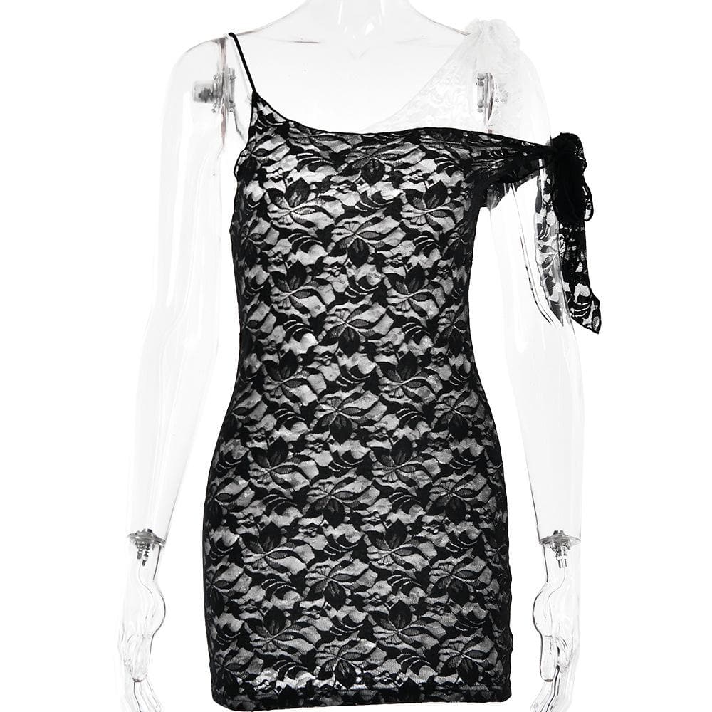 Lace contrast irregular self tie backless mini dress 8