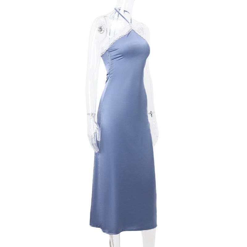 Satin Halter Neck Lace Trim High Split Slip Maxi Dress