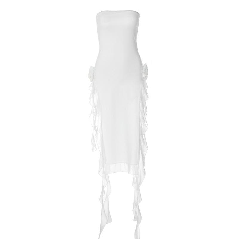 Flower Applique Strapless Backless High Split Maxi Dress - View 2