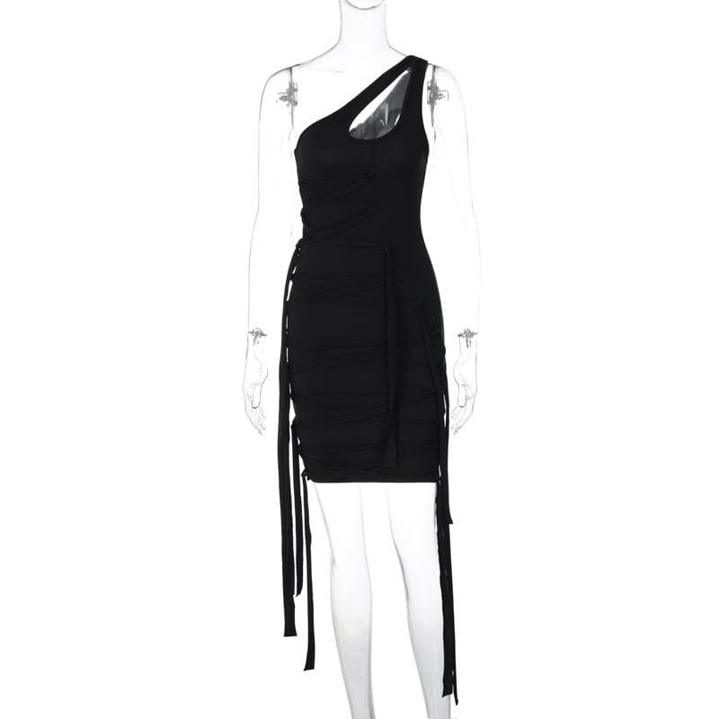 Irregular hollow out one shoulder lace up solid ribbon mini dress - View 3
