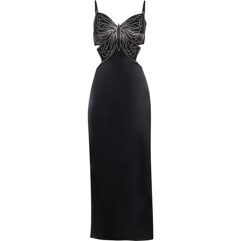 Beaded butterfly pattern zip-up hollow out satin slit midi dress - View 2