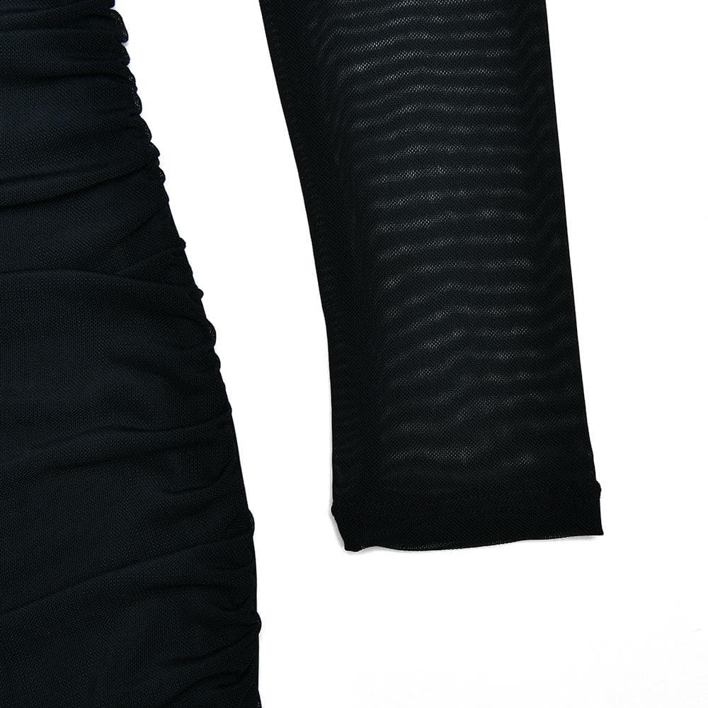 Mesh Ruched Long Sleeve Backless Ruffle Midi Dress