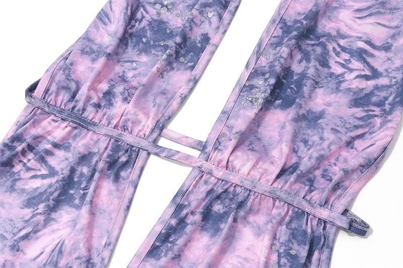 Tie Dye Halter Neck Lace Trim Ruffle Mini Dress