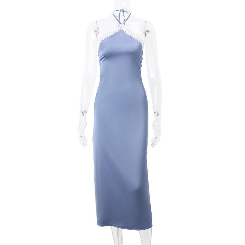 Satin Halter Neck Lace Trim High Split Slip Maxi Dress