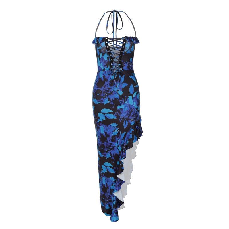 Floral Halter Neck Lace Up Ruffle High Low Maxi Dress