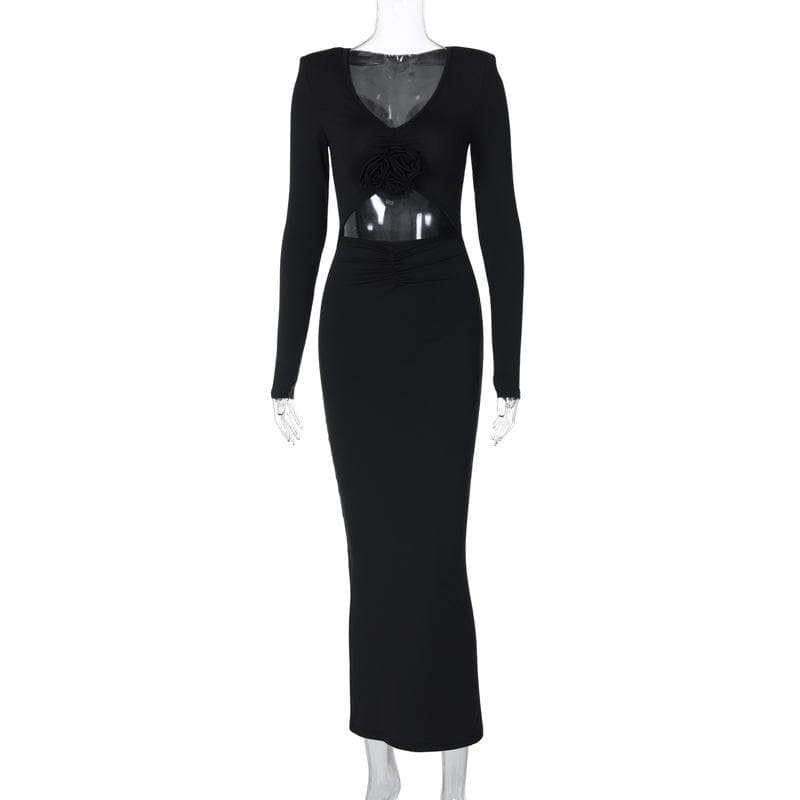 V-Neck Long Sleeve Flower Applique Cut Out Bodycon Maxi Dress
