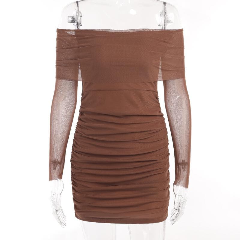 Mesh off shoulder solid long sleeve ruched mini dress 5
