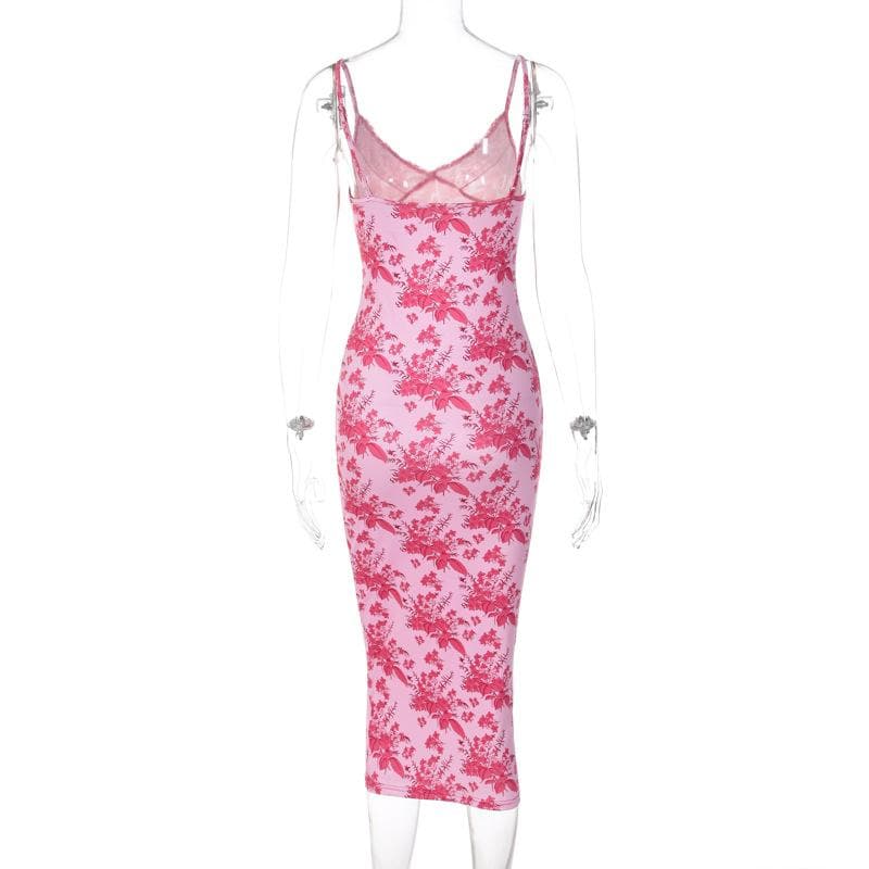 Floral Print Lace Trim V-Neck Spaghetti Strap Bodycon Midi Dress