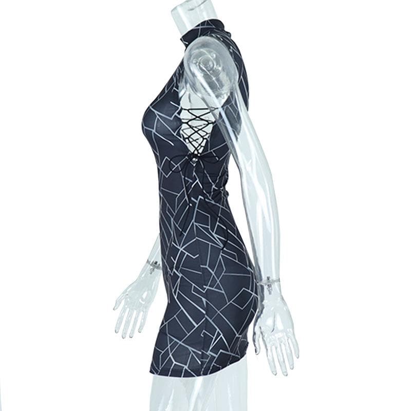 Sleeveless contrast hollow out lace up self tie mini dress - View 3