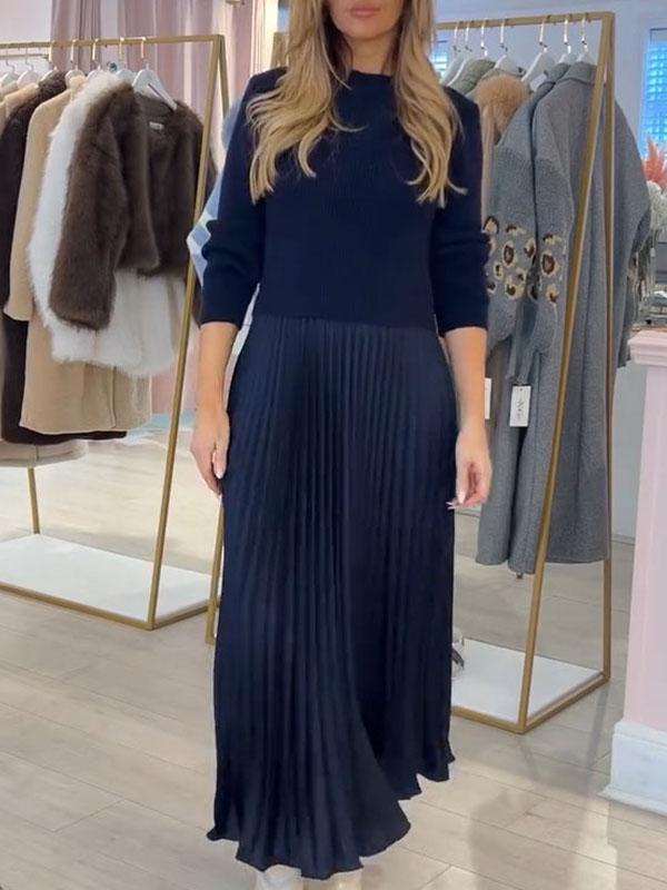 High Neck Long Sleeve Knit Pleated Faux Two Piece Maxi Dress 4
