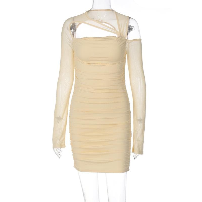 Ruched irregular mesh hollow out long sleeve mini dress 2