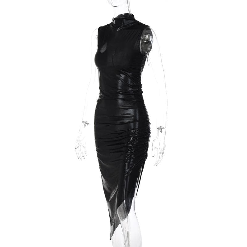 Metallic irregular high neck sleeveless ruched midi dress - View 6