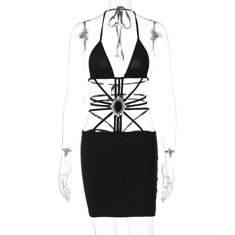 Halter Neck Strappy Cut Out Stone Applique Bodycon Mini Dress