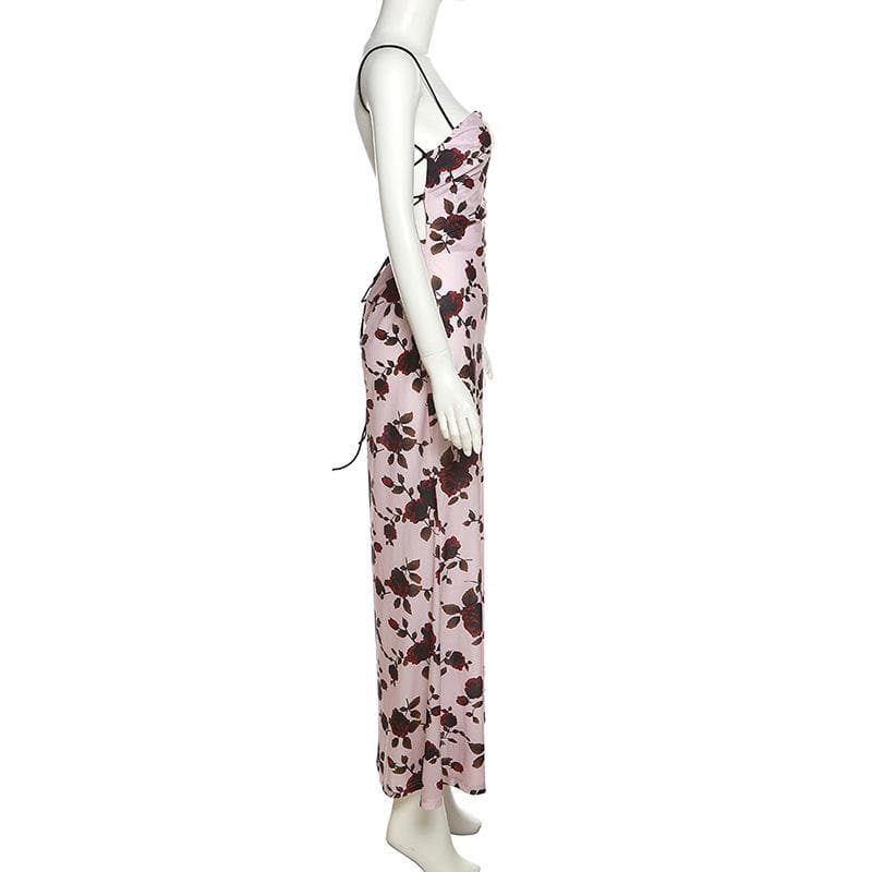 Floral Print Square Neck Spaghetti Strap Ruched Slip Maxi Dress