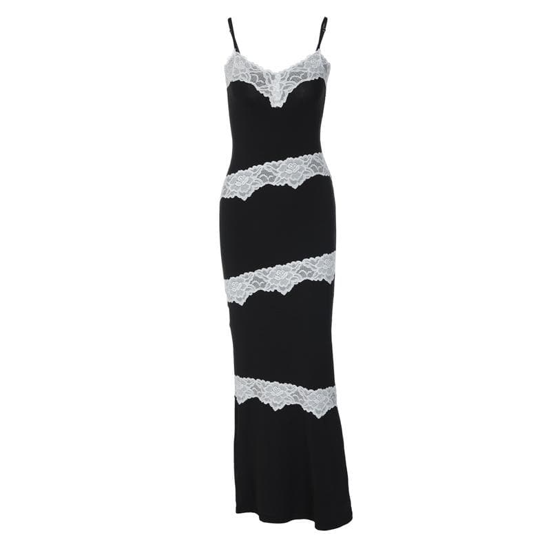 V neck lace hem contrast irregular cami maxi dress 2