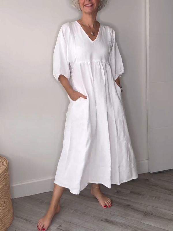 Linen V-Neck Puff Sleeve Pocket Midi Dress