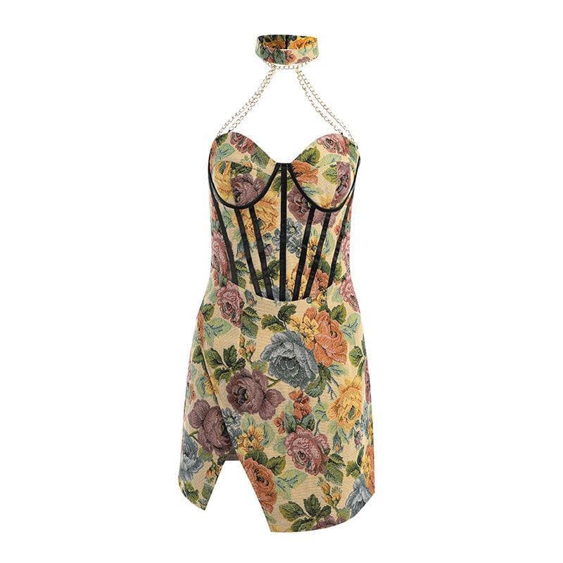 Floral Halter Neck Corset High Split Mini Dress