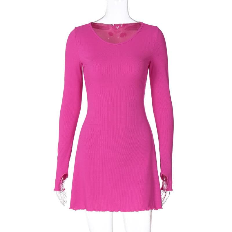 Ribbed Long Sleeve Lace Up Ruffle Mini Dress