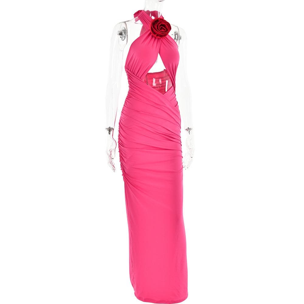 Halter Neck Flower Applique Cut Out Ruched Bodycon Maxi Dress