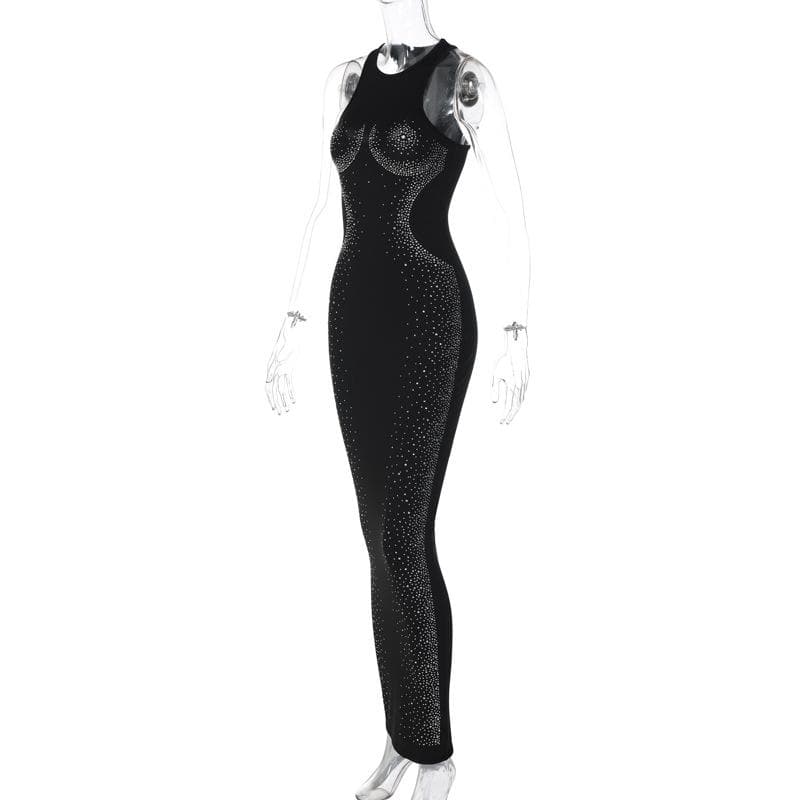 Rhinestone Contour High Neck Sleeveless Bodycon Maxi Gown