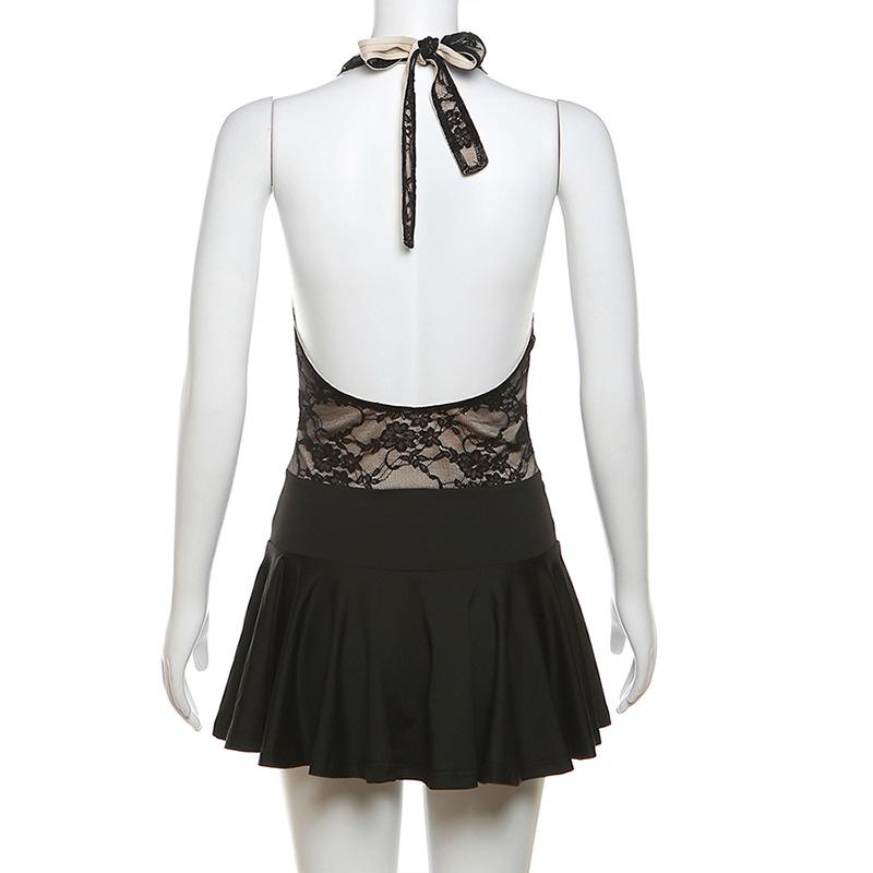 Lace Halter Deep V-Neck Pleated Mini Dress