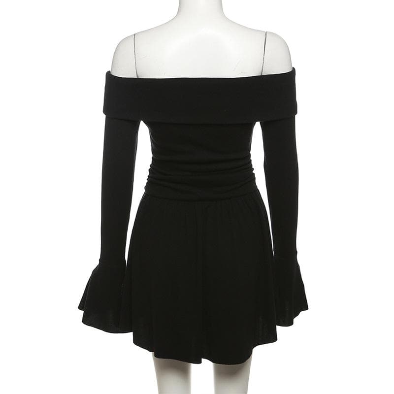 Flower Applique Off Shoulder Long Sleeve Fit and Flare Mini Dress