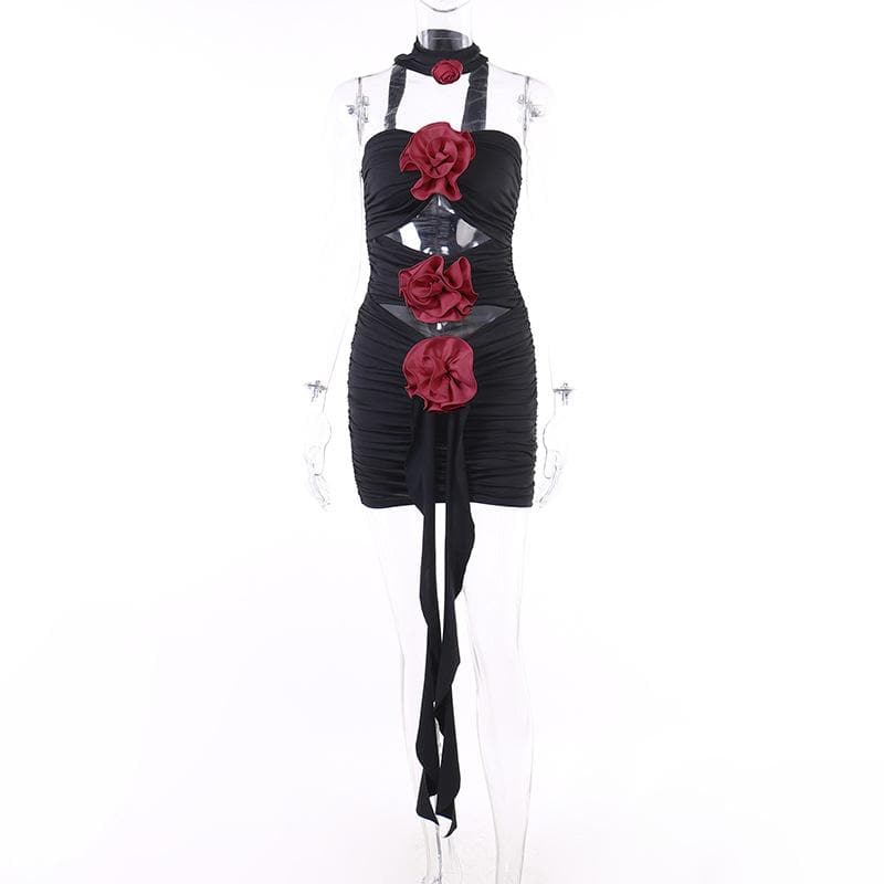 Flower Applique Strapless Cut Out Ruched Bodycon Mini Dress