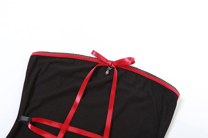 Lace up contrast lace hem bowknot backless tube mini dress 4
