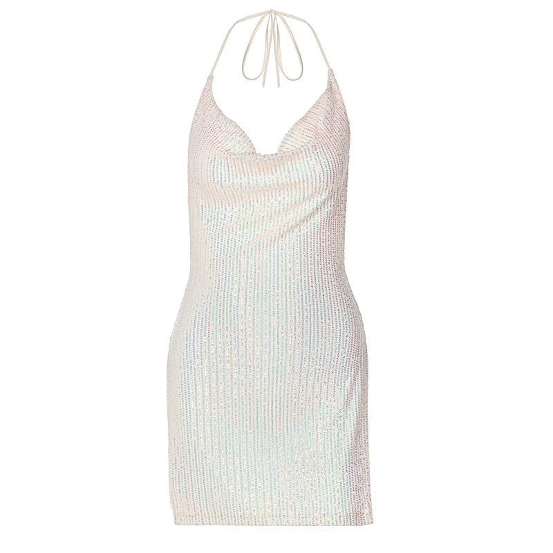 Glitter Cowl Neck Halter Backless High Split Bodycon Mini Dress