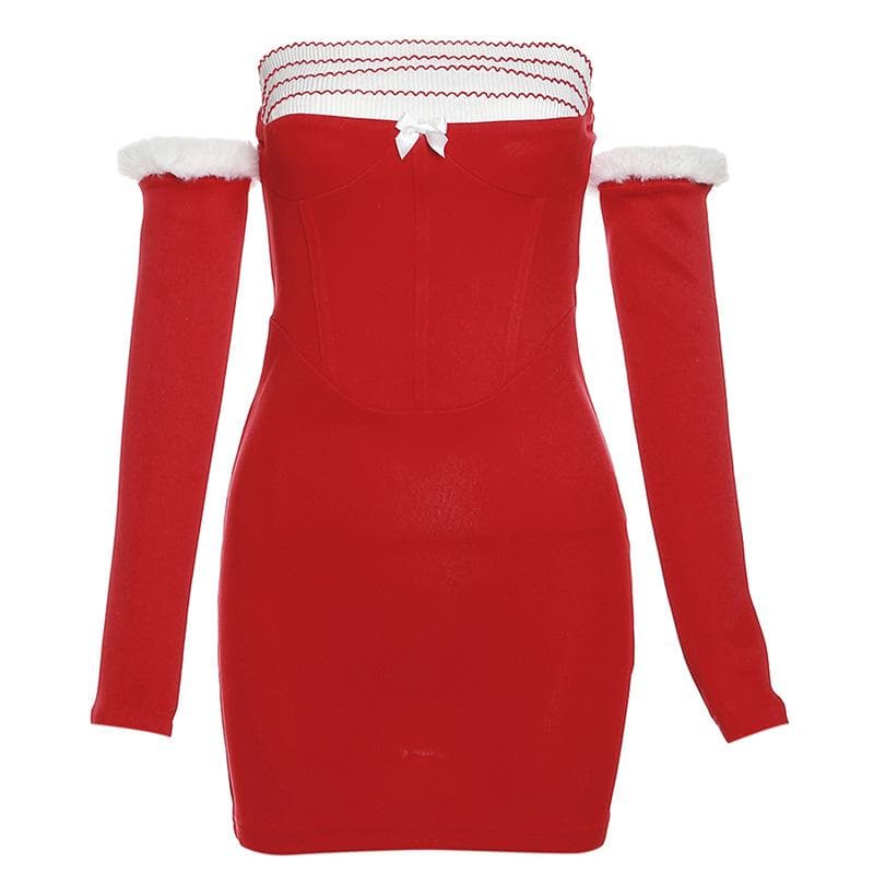 Contrast patchwork gloves fluffy ruffle backless tube mini dress