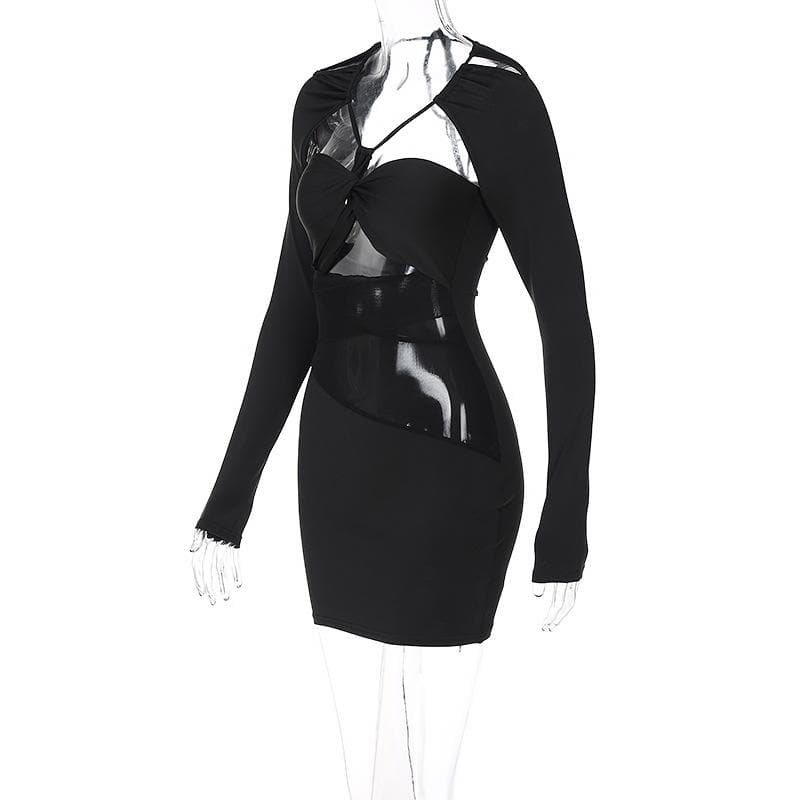 Halter Neck Long Sleeve Mesh Cut Out Twist Bodycon Mini Dress