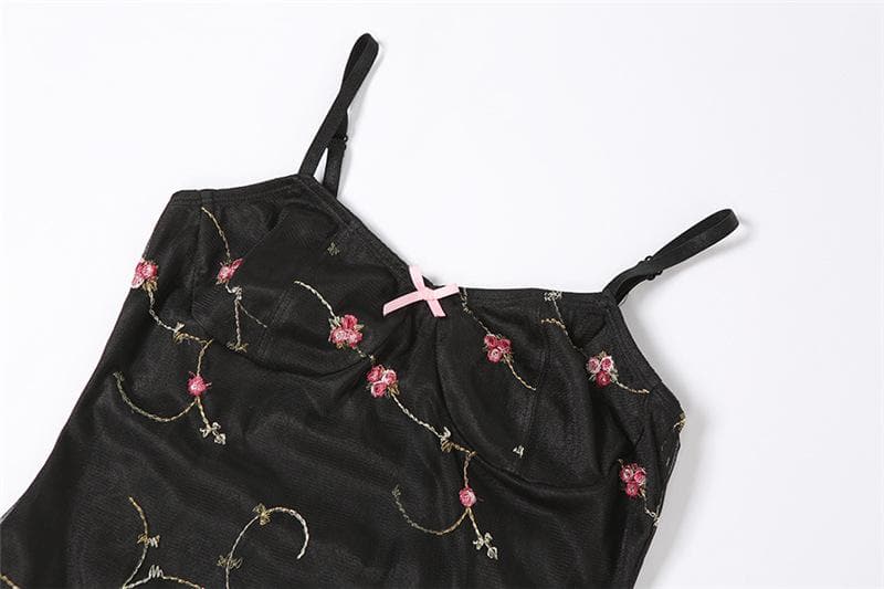Satin Floral Embroidery Sweetheart Spaghetti Strap Ruffle Hem Mini Dress