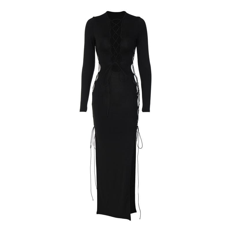Long sleeve solid hollow out slit self tie lace up midi dress 8