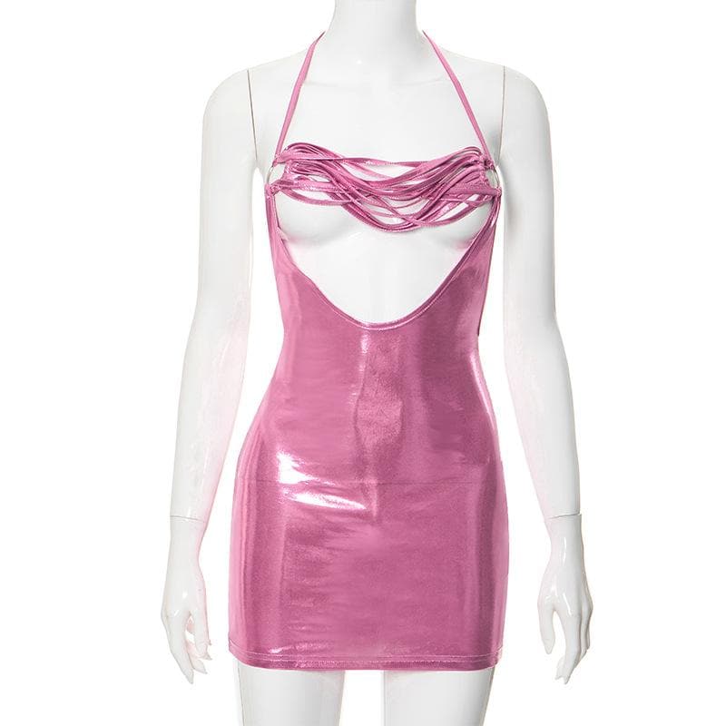 Metallic Halter Neck Backless O Ring Strappy Bodycon Mini Dress