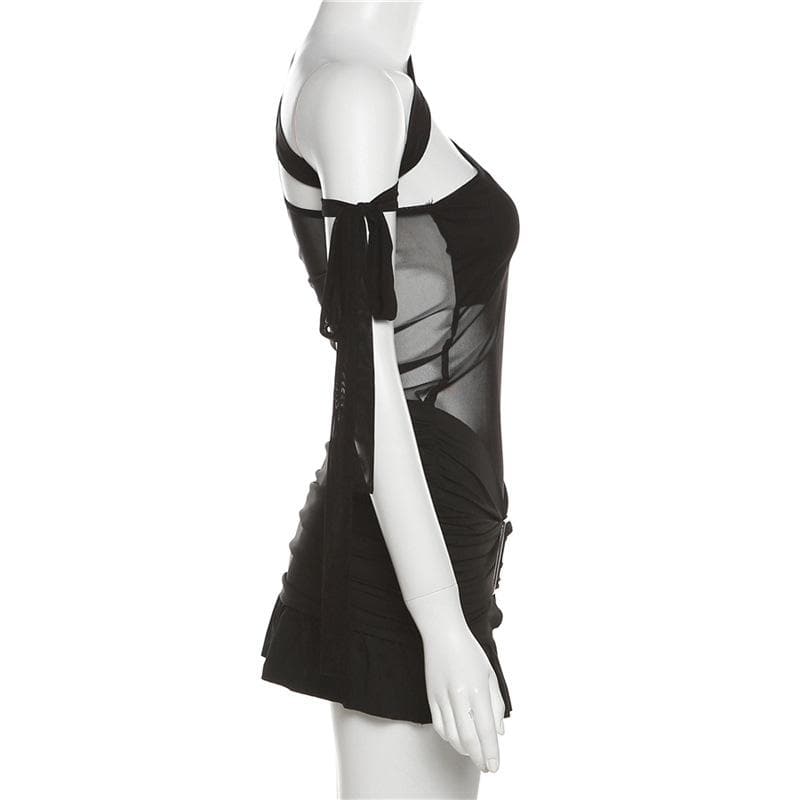 Ruffle contrast buckle one shoulder irregular ruched mesh mini dress 3