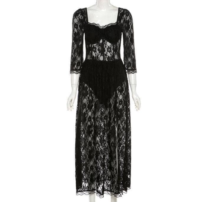 Square neck hem lace slit long sleeve midi dress - View 8