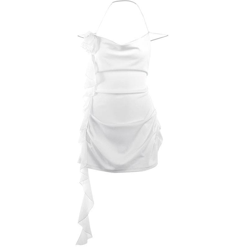 Cowl Neck Halter Flower Applique Ruffle Bodycon Mini Dress