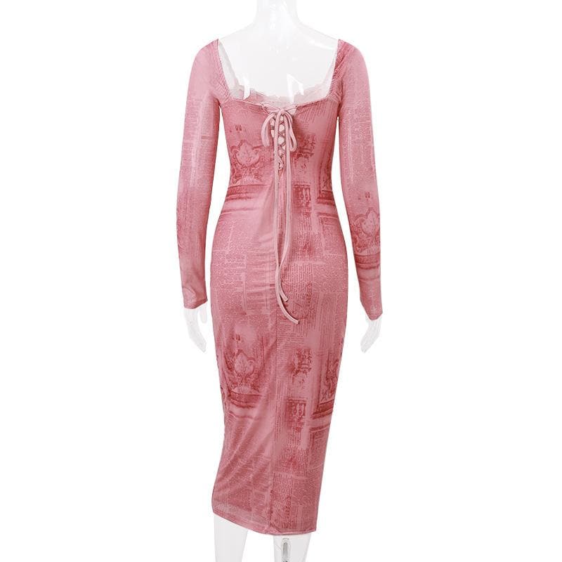 Lace up long sleeve lace hem zip-up midi dress 3