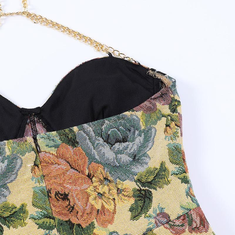 Floral Halter Neck Corset High Split Mini Dress