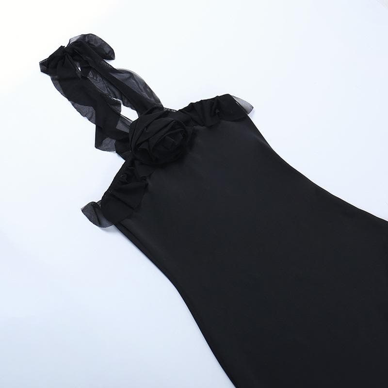 Strapless Flower Applique Ruffle Asymmetric Mini Dress