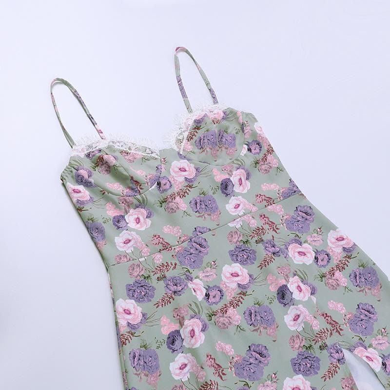 Sleeveless slit lace hem backless flower pattern print cami dress - View 5