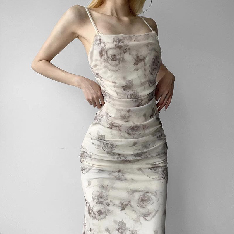 Floral Print Spaghetti Strap Ruched Mermaid Maxi Dress