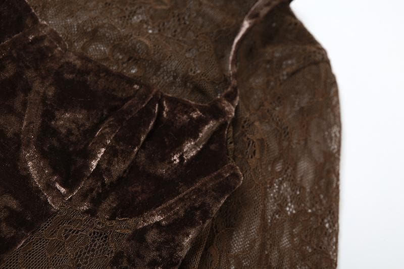 Velvet patchwork high neck long sleeve lace mini dress - View 6