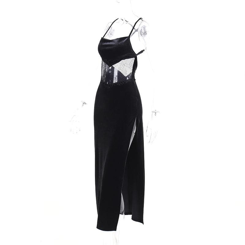 Velvet Lace Insert Waist Spaghetti Strap High Split Midi Dress 4