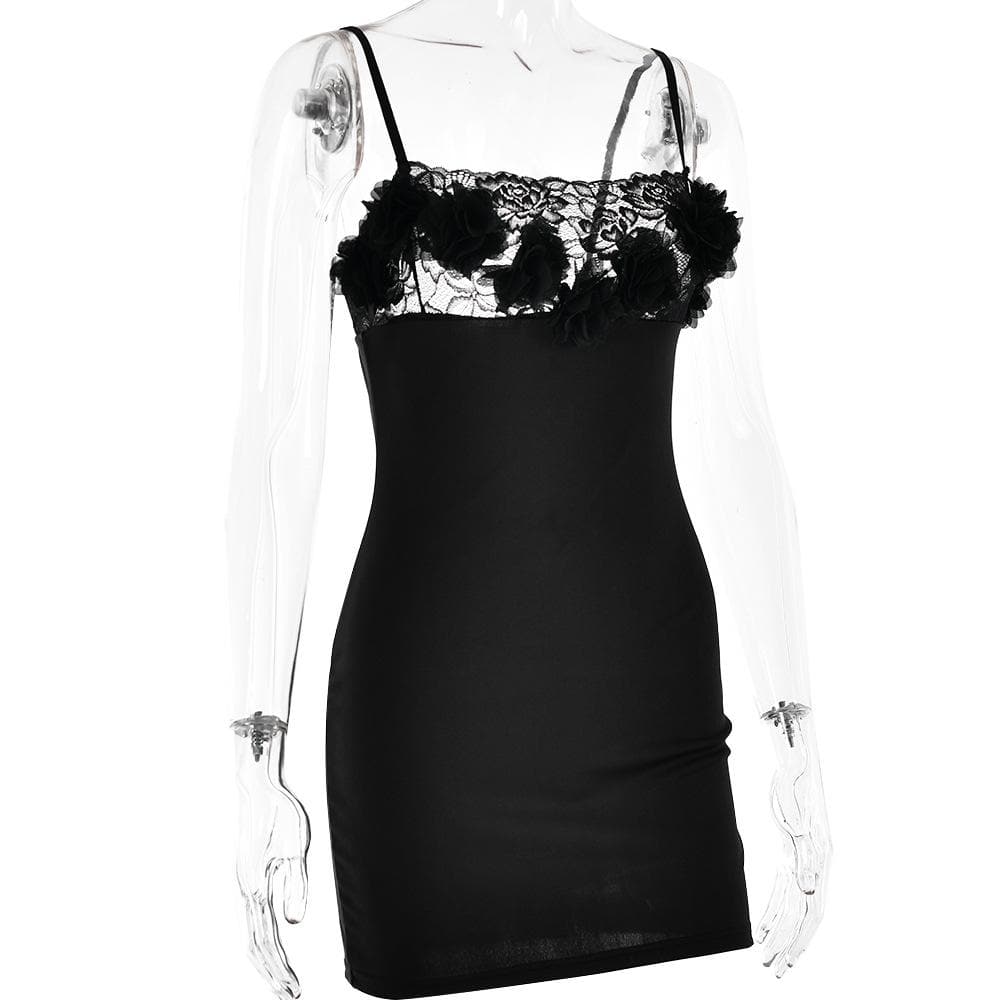 Flower Applique Lace Trim Square Neck Spaghetti Strap Bodycon Mini Dress