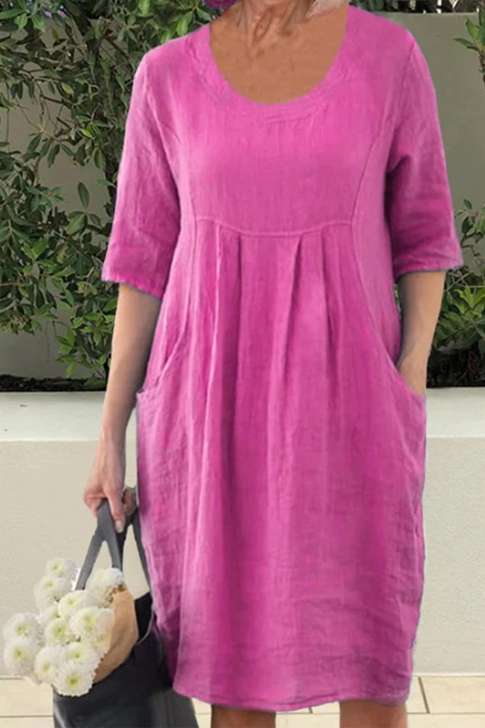 Scoop Neck Short Sleeve Pocket Linen Midi Dress 2