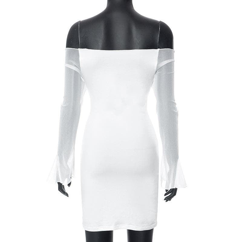 Mesh solid off shoulder long sleeve self tie mini dress 4
