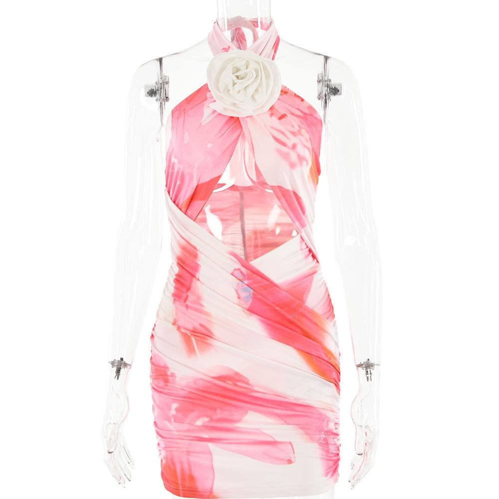 Tie Dye Halter Neck 3D Flower Cut Out Bodycon Mini Dress